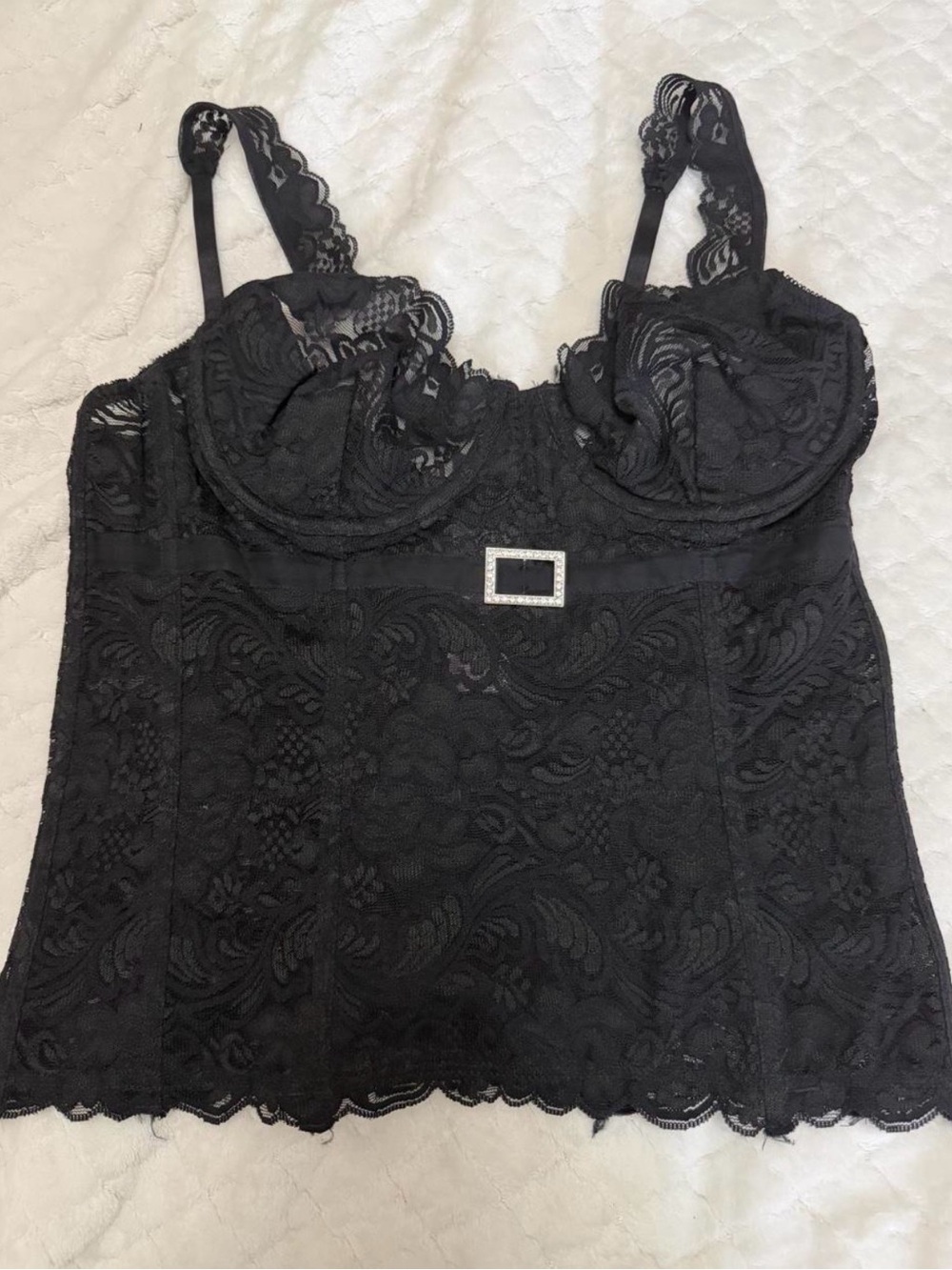 Frederick's of Hollywood Black Lace Bustier with Rhinestone Buckle